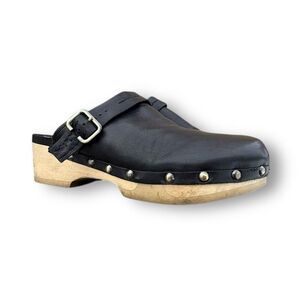 Earth Pine Tiku Black Leather Clogs Wooden Sole Adjustable Strap Casual Boho 9.5